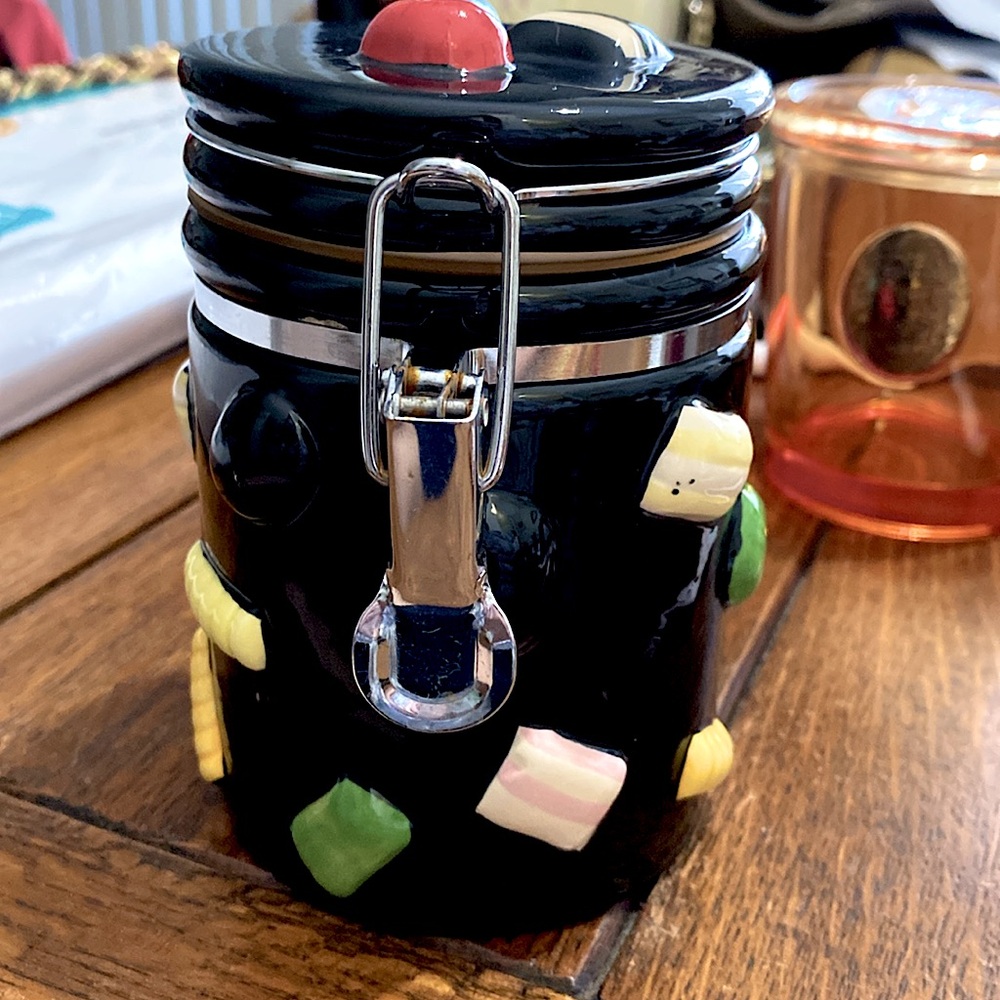 Black Ceramic Cannister  Candy Jar w/ Colorful Candy Accents.  Metal Closure EUC